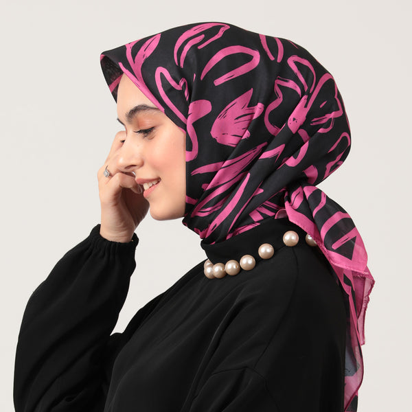 Pamuk İpek Eşarp - Akşam Sefası Desen - Siyah Pembe