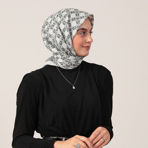 Pamuk İpek Eşarp - Monogram Desen - Ekru Siyah