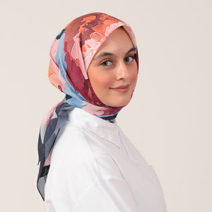 Pamuk İpek Eşarp - Rose Desen - Lacivert Pudra