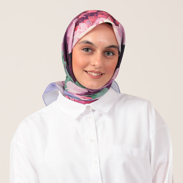 Pamuk İpek Eşarp - Rose Desen - Lila