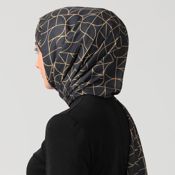 Pamuk İpek Şal - Geometrik Desen - Siyah Gold