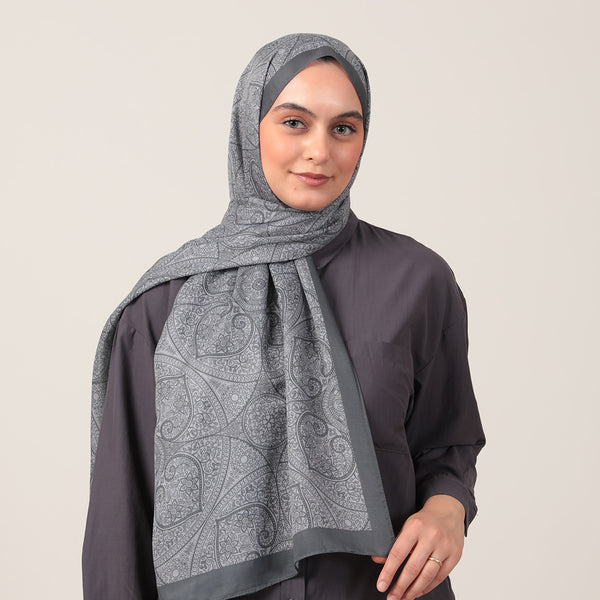 Pamuk İpek Şal - Henna Desen - Füme