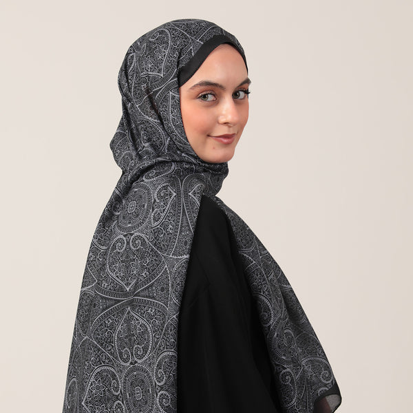 Pamuk İpek Şal - Henna Desen - Siyah