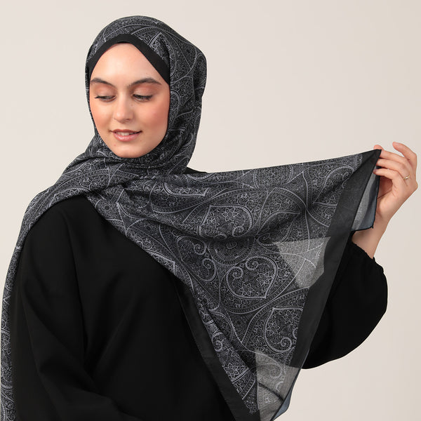 Pamuk İpek Şal - Henna Desen - Siyah