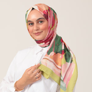 Pamuk İpek Şal - Rose Desen - Lime