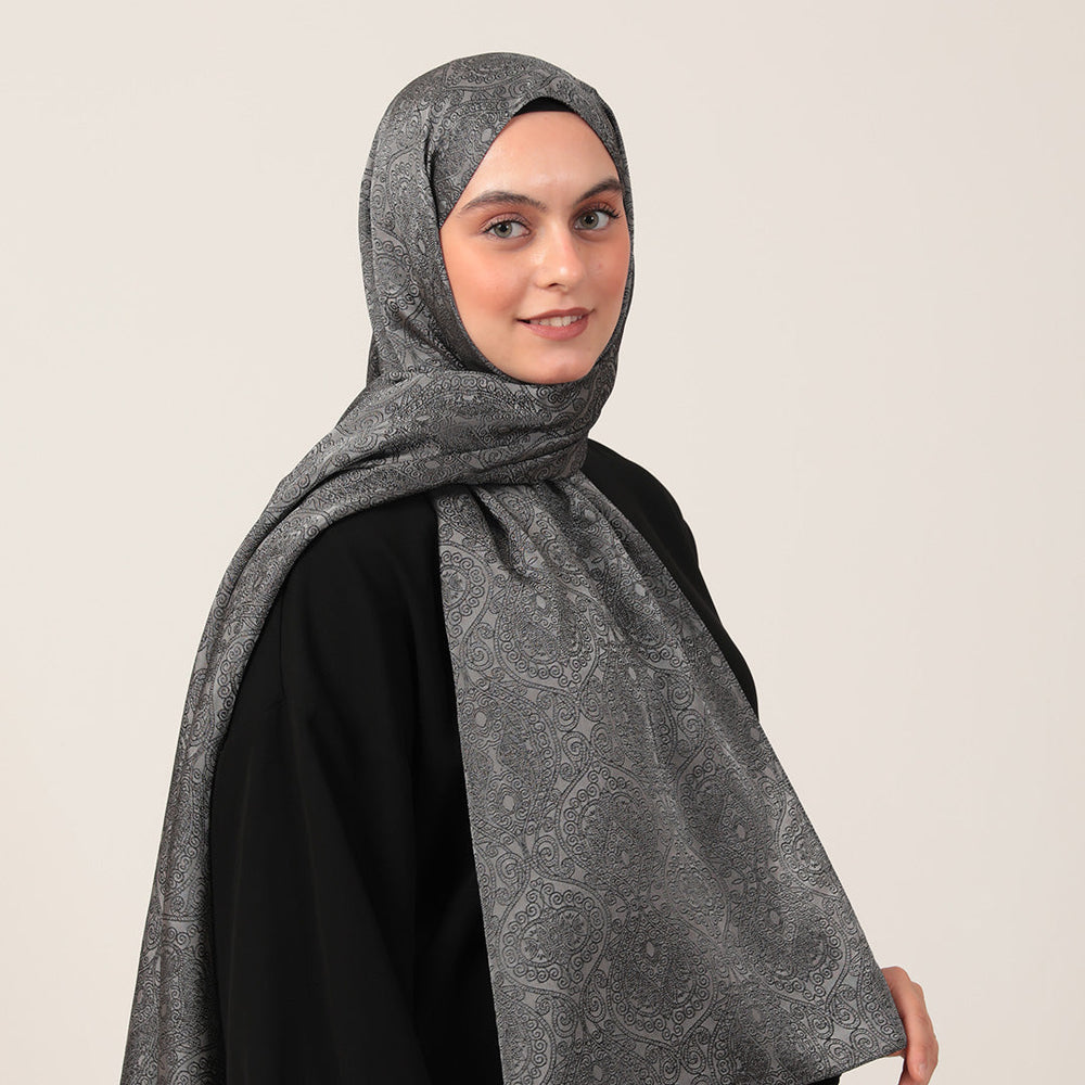 İpeksi Çift Taraflı Jakar Şal - Mandala Desen - Füme