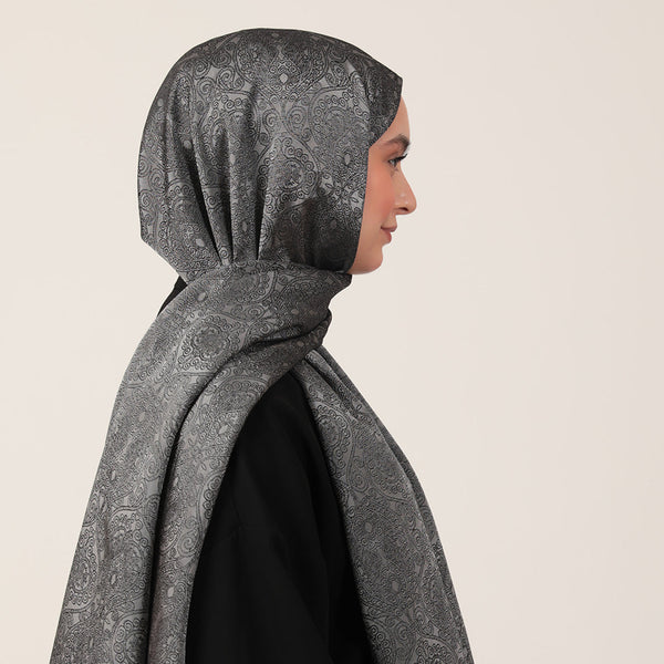 İpeksi Çift Taraflı Jakar Şal - Mandala Desen - Füme