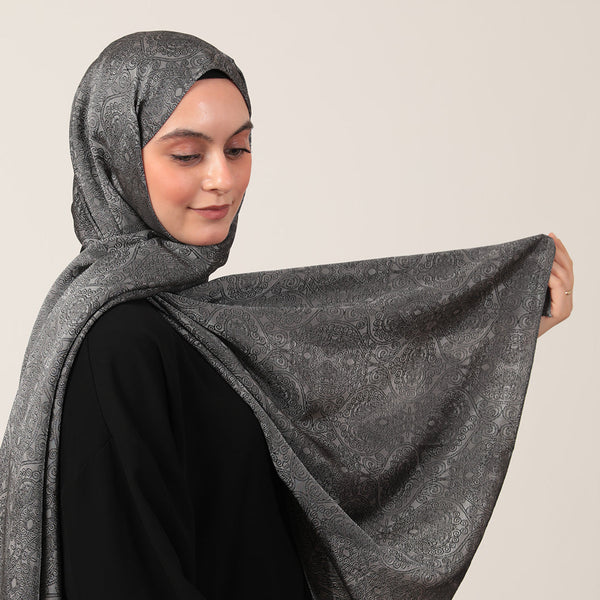 İpeksi Çift Taraflı Jakar Şal - Mandala Desen - Füme