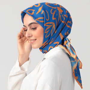 Pamuk İpek Eşarp - Akşam Sefası Desen - Saks Oranj
