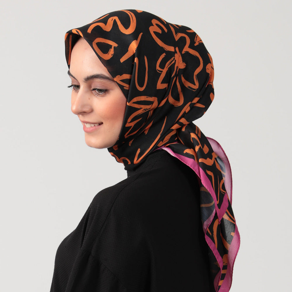 Pamuk İpek Eşarp - Akşam Sefası Desen - Siyah Oranj