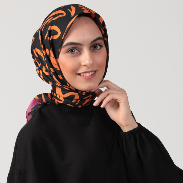 Pamuk İpek Eşarp - Akşam Sefası Desen - Siyah Oranj