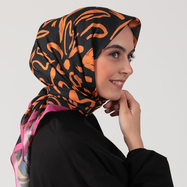 Pamuk İpek Eşarp - Akşam Sefası Desen - Siyah Oranj