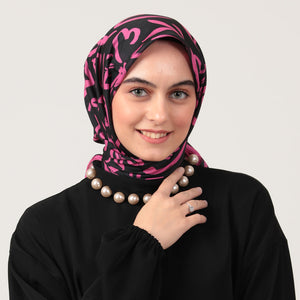 Pamuk İpek Eşarp - Akşam Sefası Desen - Siyah Pembe