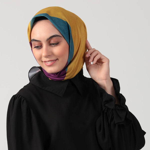 Pamuk İpek Eşarp - Asimetrik Desen - Hardal