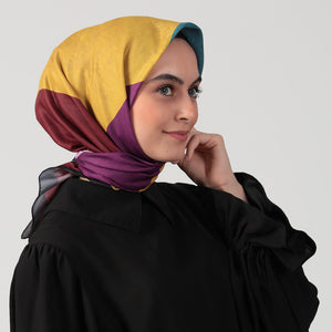 Pamuk İpek Eşarp - Asimetrik Desen - Hardal