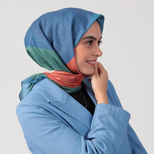 Pamuk İpek Eşarp - Asimetrik Desen - İndigo