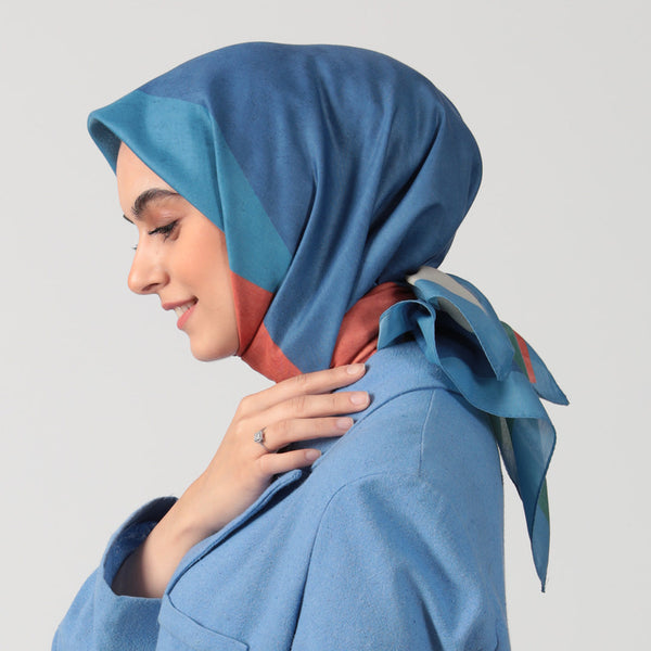 Pamuk İpek Eşarp - Asimetrik Desen - İndigo