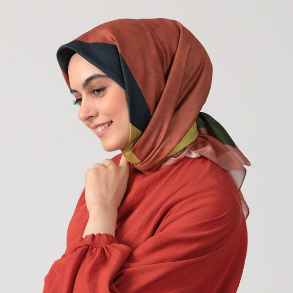 Pamuk İpek Eşarp - Asimetrik Desen - Kiremit