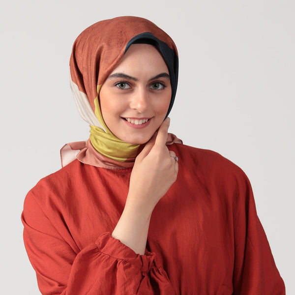 Pamuk İpek Eşarp - Asimetrik Desen - Kiremit