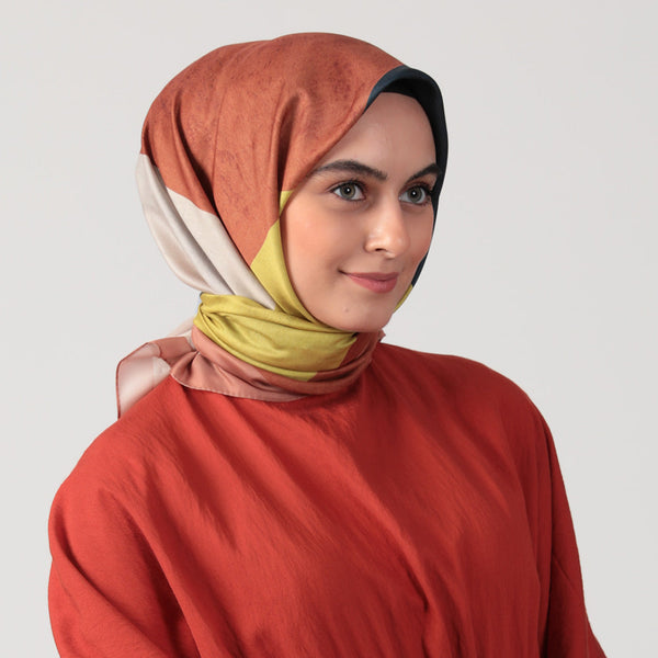 Pamuk İpek Eşarp - Asimetrik Desen - Kiremit