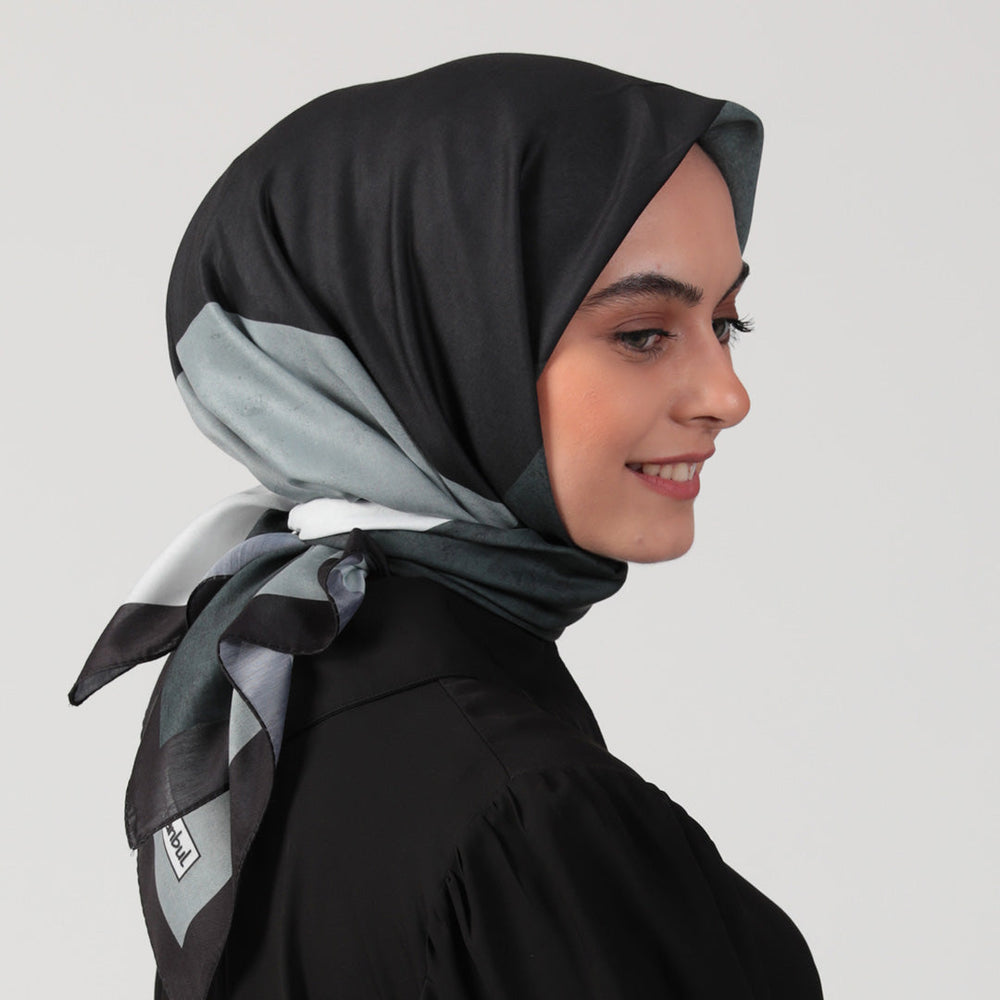 Pamuk İpek Eşarp - Asimetrik Desen - Siyah