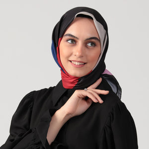 Pamuk İpek Eşarp - Asimetrik Desen - Siyah Saks