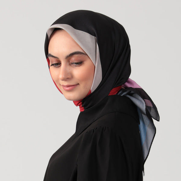 Pamuk İpek Eşarp - Asimetrik Desen - Siyah Saks