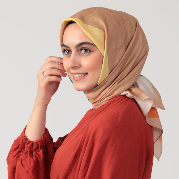 Pamuk İpek Eşarp - Asimetrik Desen - Turuncu