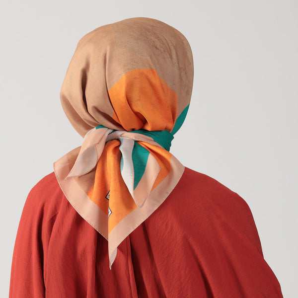 Pamuk İpek Eşarp - Asimetrik Desen - Turuncu