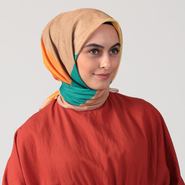 Pamuk İpek Eşarp - Asimetrik Desen - Turuncu