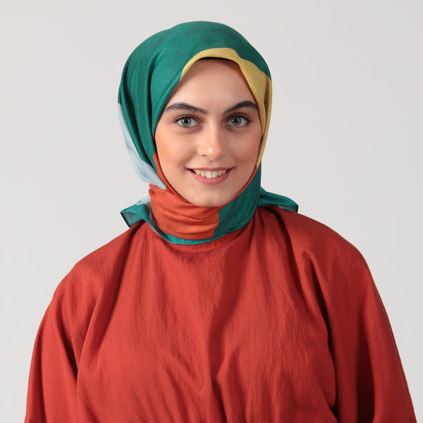 Pamuk İpek Eşarp - Asimetrik Desen - Zümrüt Yeşili