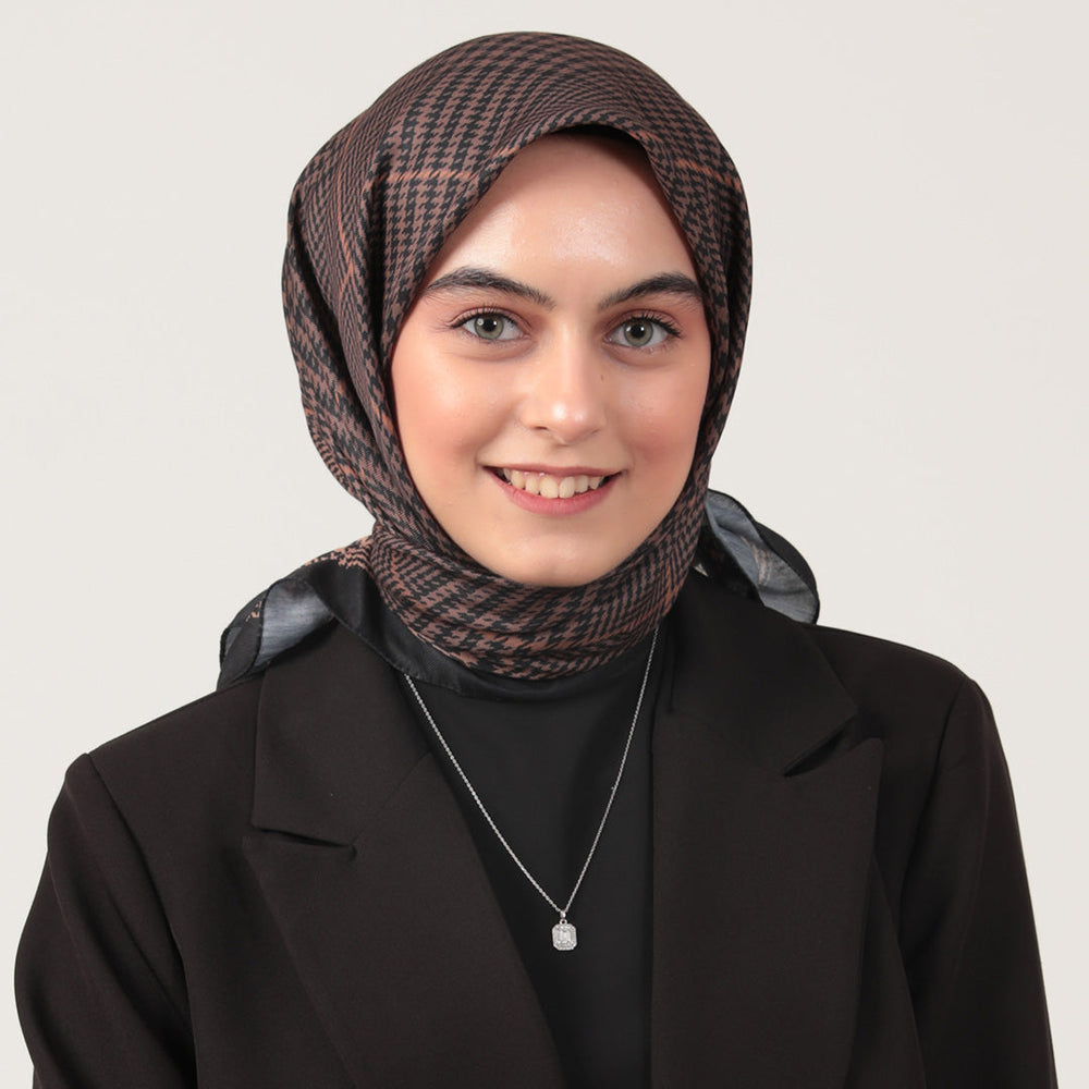 Pamuk İpek Eşarp - Atkı Desen - Kahverengi