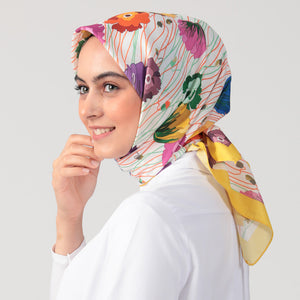 Pamuk İpek Eşarp - Bahar Bahçesi Desen - Sarı