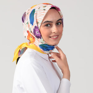 Pamuk İpek Eşarp - Bahar Bahçesi Desen - Sarı