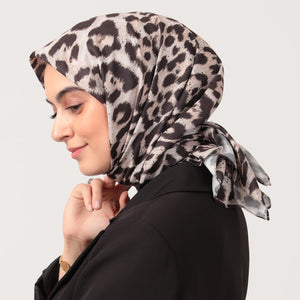 Pamuk İpek Eşarp - Büyük Leopar Desen - Vizon