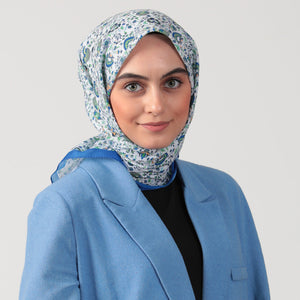 Pamuk İpek Eşarp - Çini Desen - Saks Mavisi