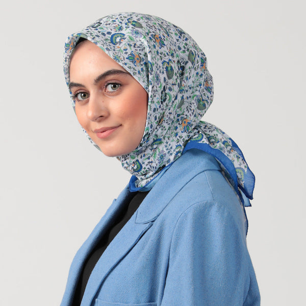 Pamuk İpek Eşarp - Çini Desen - Saks Mavisi