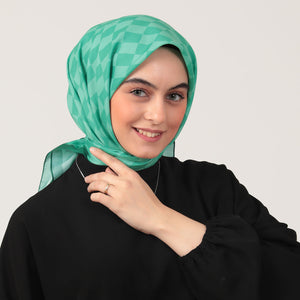 Pamuk İpek Eşarp - Dama Desen - Benetton Yeşili