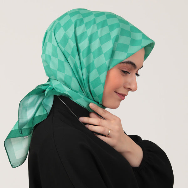 Pamuk İpek Eşarp - Dama Desen - Benetton Yeşili