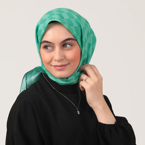 Pamuk İpek Eşarp - Dama Desen - Benetton Yeşili