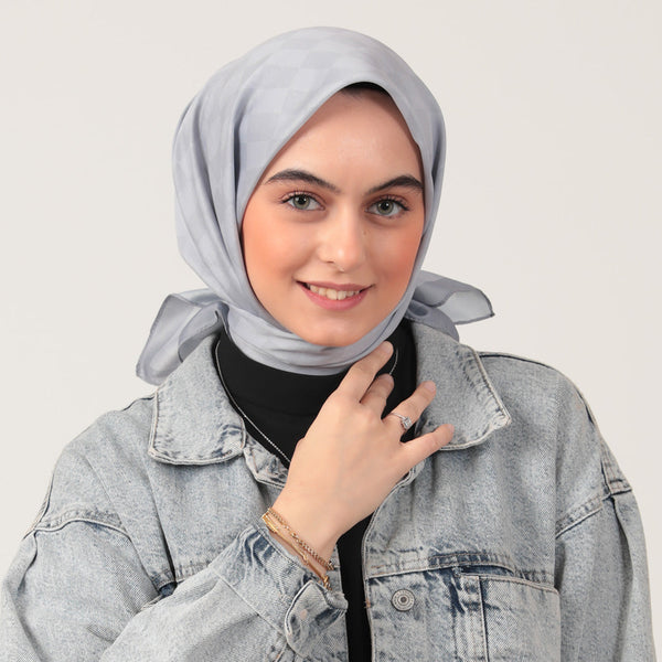 Pamuk İpek Eşarp - Dama Desen - Gri