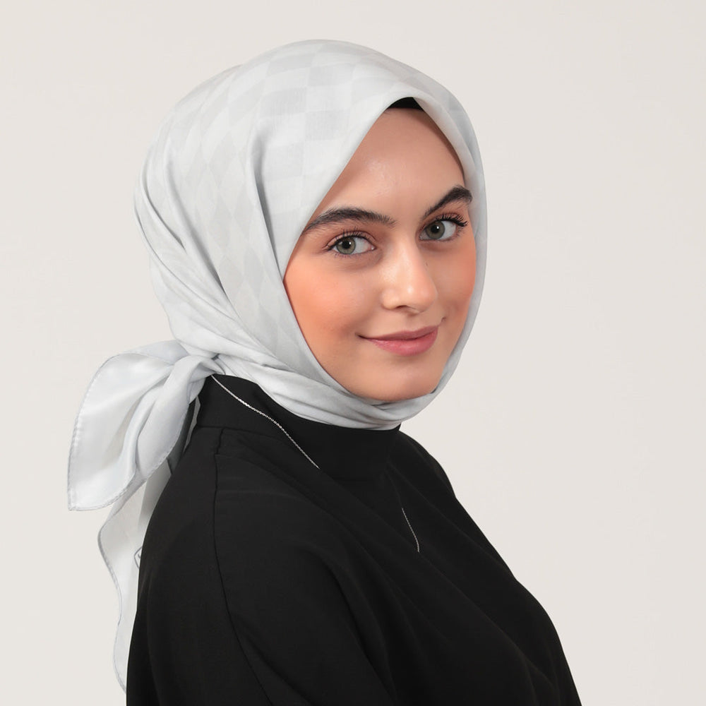 Pamuk İpek Eşarp - Dama Desen - Gümüş