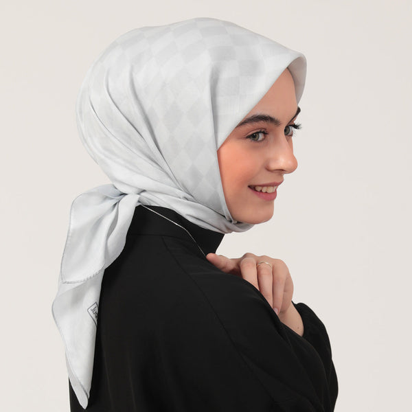 Pamuk İpek Eşarp - Dama Desen - Gümüş