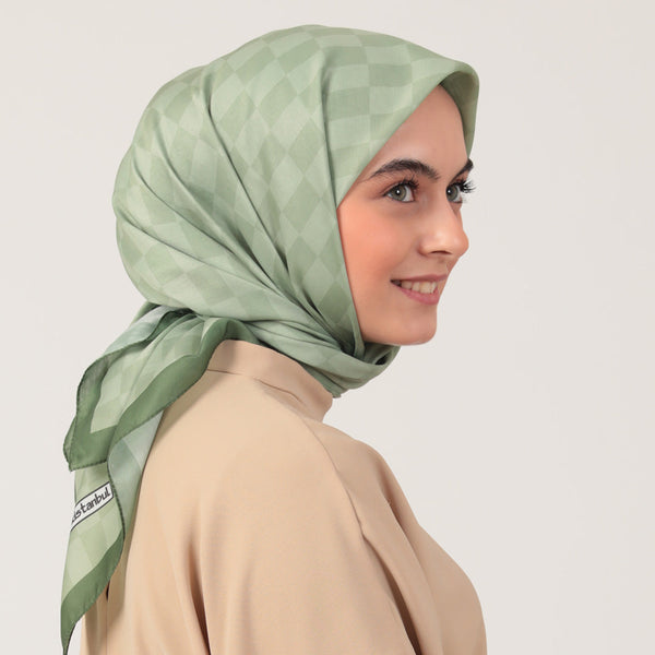 Pamuk İpek Eşarp - Dama Desen - Haki Yeşili