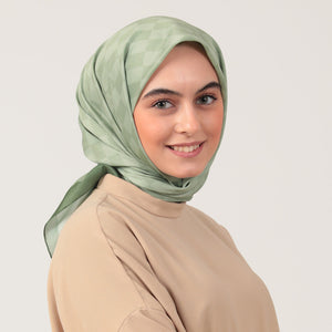 Pamuk İpek Eşarp - Dama Desen - Haki Yeşili