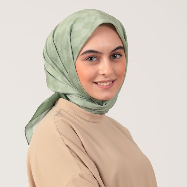 Pamuk İpek Eşarp - Dama Desen - Haki Yeşili