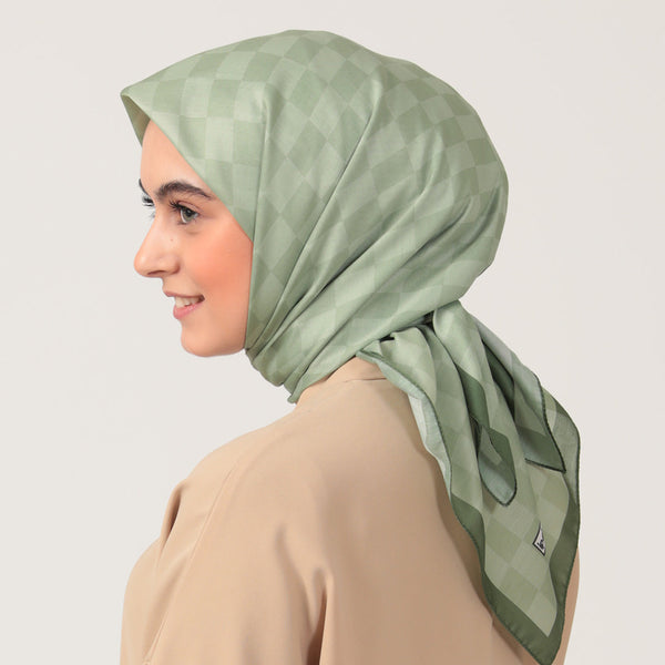 Pamuk İpek Eşarp - Dama Desen - Haki Yeşili