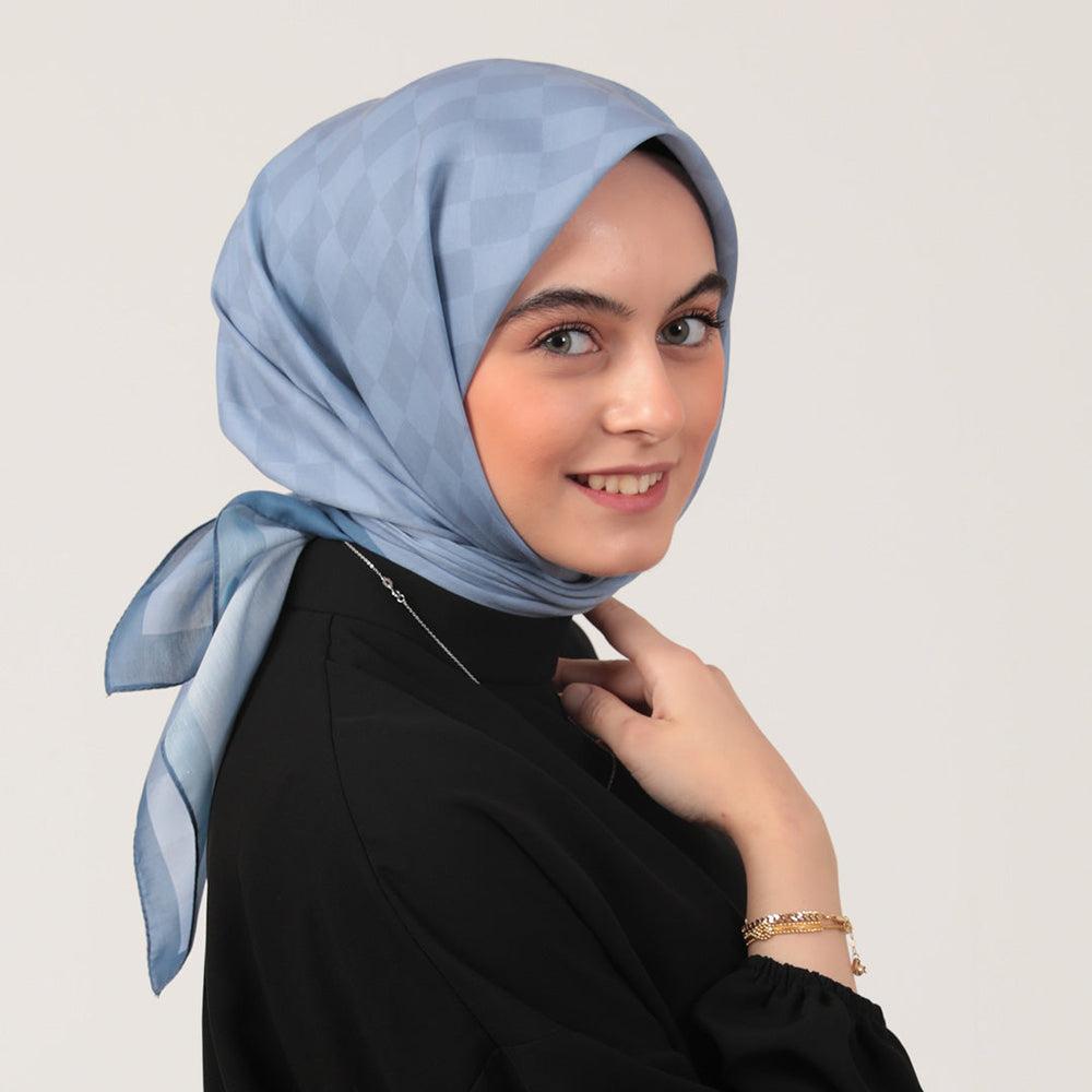 Pamuk İpek Eşarp - Dama Desen - İndigo