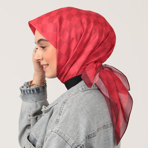 Pamuk İpek Eşarp - Dama Desen - Kırmızı