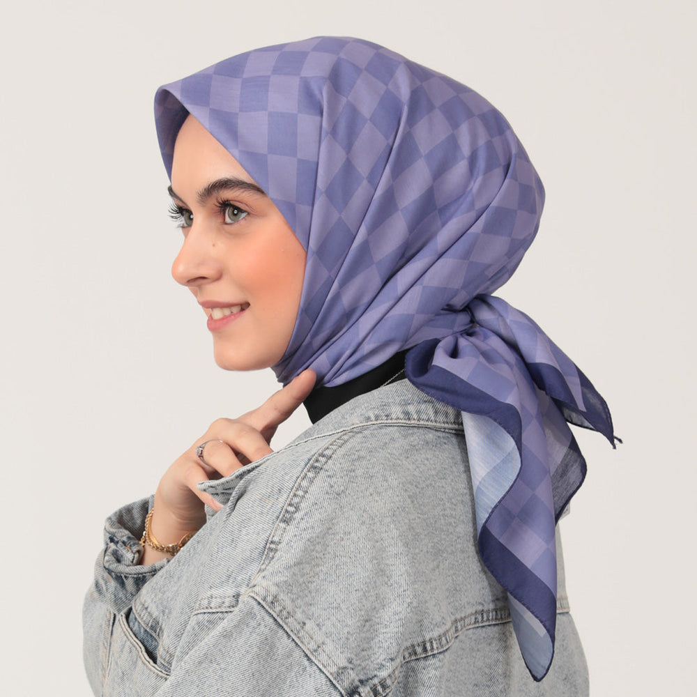 Pamuk İpek Eşarp - Dama Desen - Lila